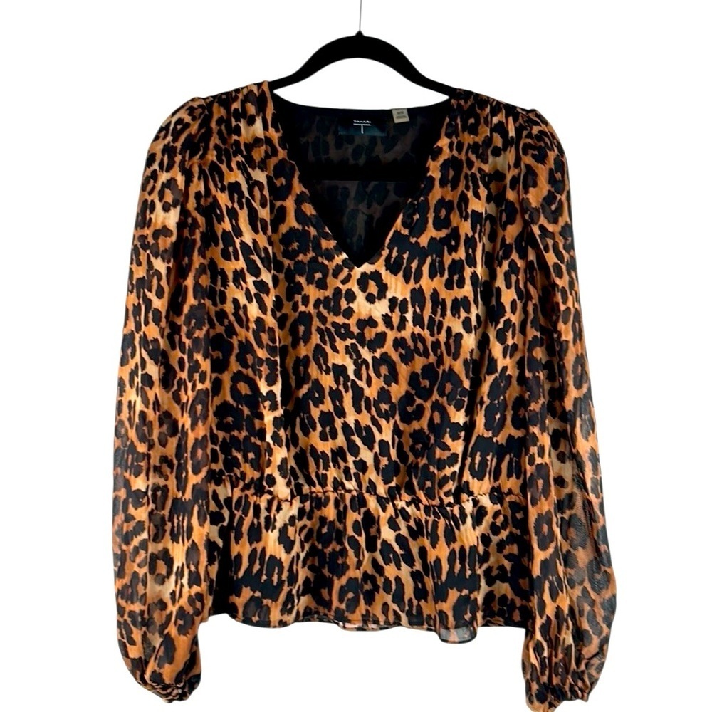 Tahari Brown & Black Leopard V-Neck Puffy Sleeve Elastic Waist Top Size Medium